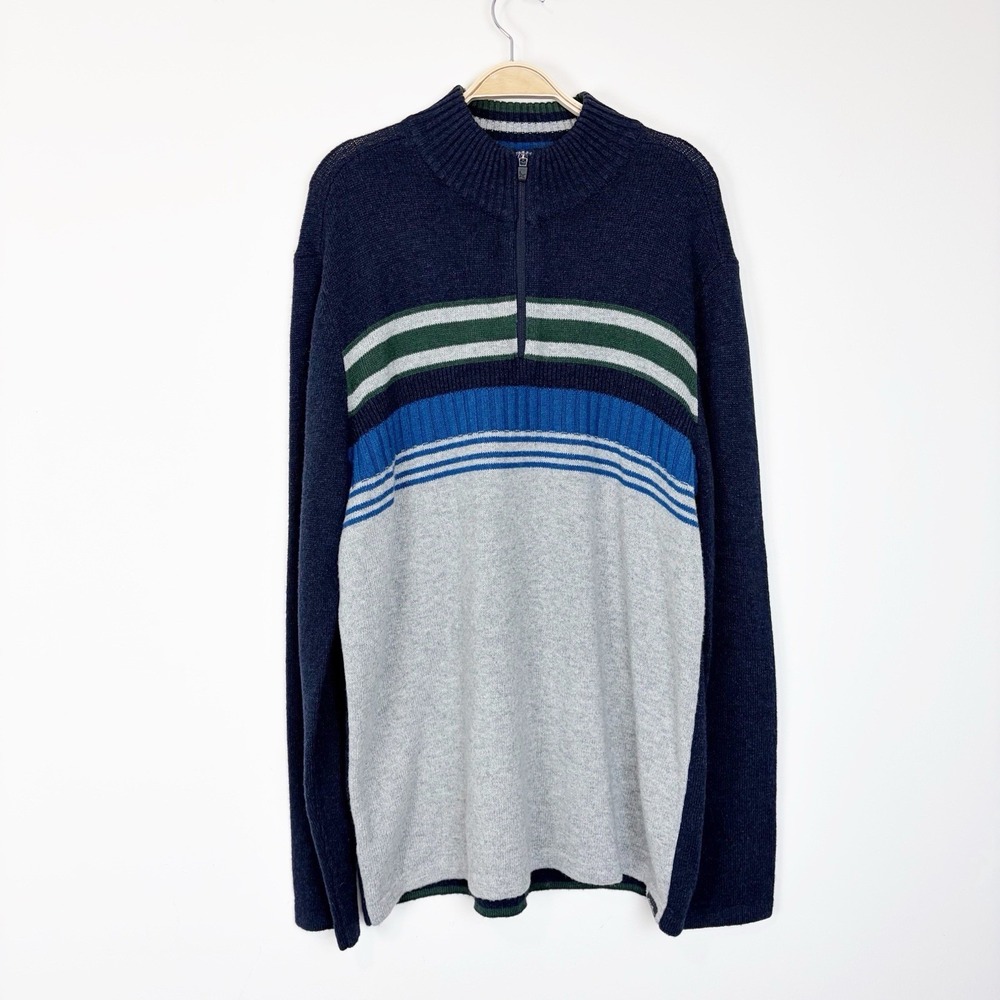 Eddie Bauer Sweater Mens LT LG TALL Navy Gray Striped 1/4 Zip Wool Blend NWT